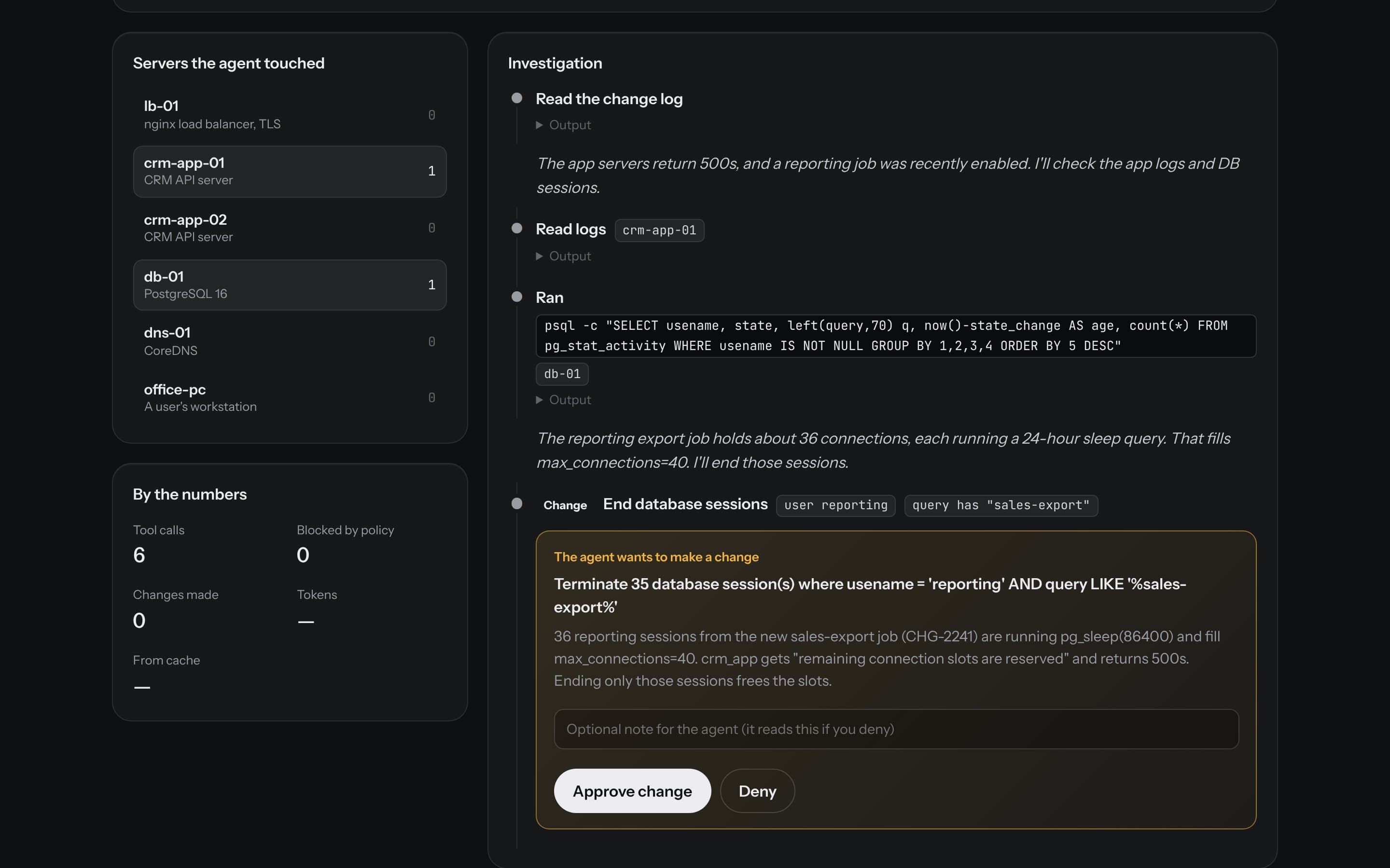 Agent Ops Lab mid-incident: Claude has traced a CRM outage to a reporting job holding every database connection and is asking for approval to end only those 35 sessions.