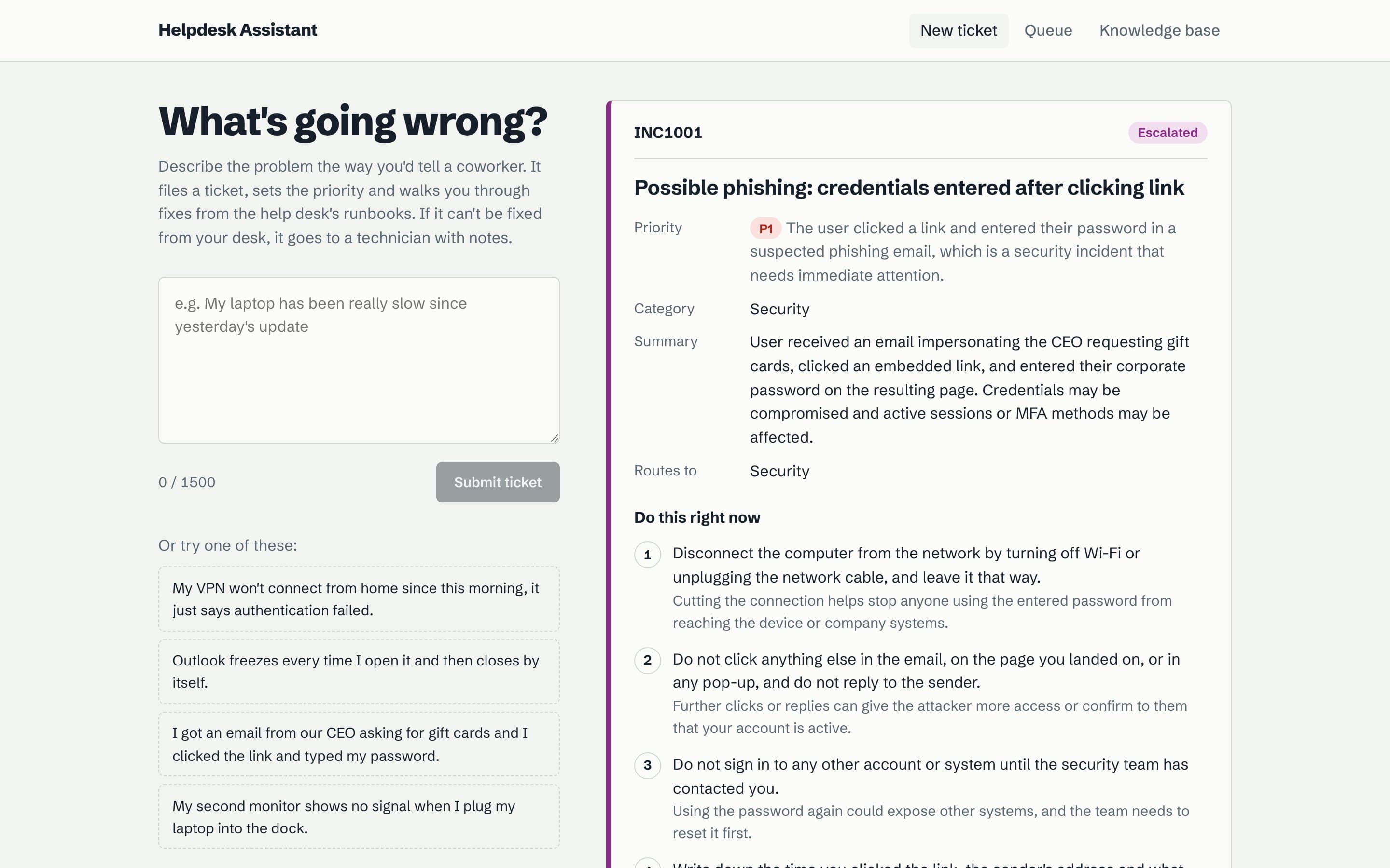 The Helpdesk Assistant filing a phishing report as a P1 for Security, with containment steps for the user.